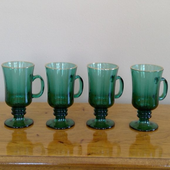 S/4 Gold-rimmed Green Vintage Libbey Irish Coffee Pedestal Mugs, St. Patty's Day - Picture 2 of 10